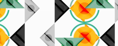 Üst üste binen üçgenler, daireler ve gradyanlarla soyut geometrik bileşim, merkezi dairesel dizayn ve metin