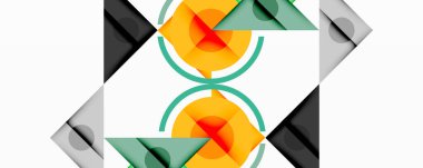 Üst üste binen üçgenler, daireler ve gradyanlarla soyut geometrik bileşim, merkezi dairesel dizayn ve metin