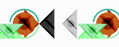 Kesişen üçgenler, daireler ve gradyanlarla soyut geometrik bileşim, derinlik ve kontrastla dinamik bir katman oluşturur.