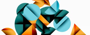 Katmanlı gradyan şekilli soyut geometrik arkaplan dinamik desenler oluşturuyor. Üst üste binen yarı daireler ve üçgenler derinlik ve karşıtlık yaratır