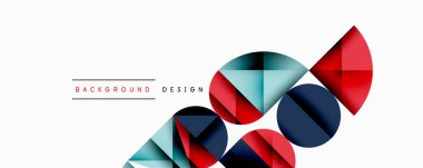 Katmanlı gradyan şekilli soyut geometrik arkaplan dinamik desenler oluşturuyor. Üst üste binen yarı daireler ve üçgenler derinlik ve karşıtlık yaratır