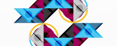 Kesişen üçgenler, daireler ve gradyanlarla soyut geometrik bileşim, derinlik ve kontrastla dinamik bir katman oluşturur.