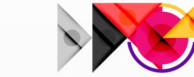 Üst üste binen üçgenler, daireler ve gradyanlarla soyut geometrik bileşim, merkezi dairesel dizayn ve metin