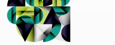 Üst üste binen daireler ve gradyanlarla soyut geometrik çizimler, daire kare üçgen şekilleri arka plan şekilleri keskin açısal kesikler, pürüzsüz gölgeleme ve yapılandırılmış katman bileşimi