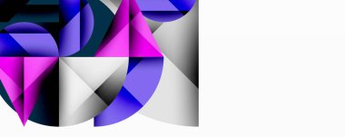 Kesişen daireler, üçgenler, kareler ve keskin açılarla soyut geometrik tasarım gradyan, derinlik ve kontrast içeren katmanlı bir bileşim yaratır.