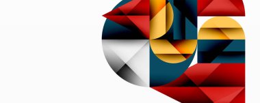 Üst üste binen daireler ve gradyanlarla soyut geometrik çizimler, daire kare üçgen şekilleri arka plan şekilleri keskin açısal kesikler, pürüzsüz gölgeleme ve yapılandırılmış katman bileşimi