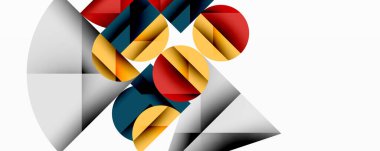 Üst üste binen daireler ve gradyanlarla soyut geometrik çizimler, daire kare üçgen şekilleri arka plan şekilleri keskin açısal kesikler, pürüzsüz gölgeleme ve yapılandırılmış katman bileşimi