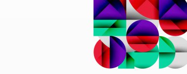 Kesişen daireler, üçgenler, kareler ve keskin açılarla soyut geometrik tasarım gradyan, derinlik ve kontrast içeren katmanlı bir bileşim yaratır.