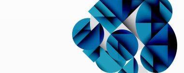 Kesişen daireler, üçgenler, kareler ve keskin açılarla soyut geometrik tasarım gradyan, derinlik ve kontrast içeren katmanlı bir bileşim yaratır.