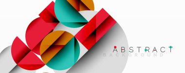 Üst üste binen daireler ve gradyanlarla soyut geometrik çizimler, daire kare üçgen şekilleri arka plan şekilleri keskin açısal kesikler, pürüzsüz gölgeleme ve yapılandırılmış katman bileşimi