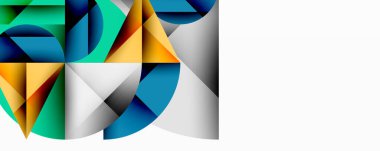 Üst üste binen daireler ve gradyanlarla soyut geometrik çizimler, daire kare üçgen şekilleri arka plan şekilleri keskin açısal kesikler, pürüzsüz gölgeleme ve yapılandırılmış katman bileşimi