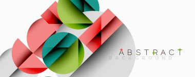 Kesişen daireler, üçgenler, kareler ve keskin açılarla soyut geometrik tasarım gradyan, derinlik ve kontrast içeren katmanlı bir bileşim yaratır.