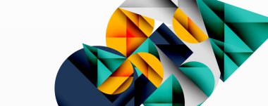 Kesişen daireler, üçgenler, kareler ve keskin açılarla soyut geometrik tasarım gradyan, derinlik ve kontrast içeren katmanlı bir bileşim yaratır.