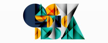 Kesişen daireler, üçgenler, kareler ve keskin açılarla soyut geometrik tasarım gradyan, derinlik ve kontrast içeren katmanlı bir bileşim yaratır.