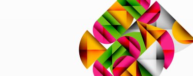 Kesişen daireler, üçgenler, kareler ve keskin açılarla soyut geometrik tasarım gradyan, derinlik ve kontrast içeren katmanlı bir bileşim yaratır.