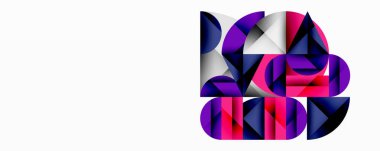 Üst üste binen daireler ve gradyanlarla soyut geometrik çizimler, daire kare üçgen şekilleri arka plan şekilleri keskin açısal kesikler, pürüzsüz gölgeleme ve yapılandırılmış katman bileşimi