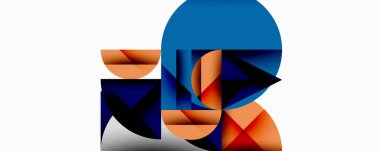 Üst üste binen daireler ve gradyanlarla soyut geometrik çizimler, daire kare üçgen şekilleri arka plan şekilleri keskin açısal kesikler, pürüzsüz gölgeleme ve yapılandırılmış katman bileşimi