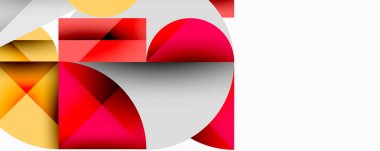 Kesişen daireler, üçgenler, kareler ve keskin açılarla soyut geometrik tasarım gradyan, derinlik ve kontrast içeren katmanlı bir bileşim yaratır.