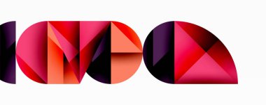 Katmanlı gradyan şekilli soyut geometrik arkaplan dinamik desenler oluşturuyor. Üst üste binen yarı daireler ve üçgenler derinlik ve karşıtlık yaratır