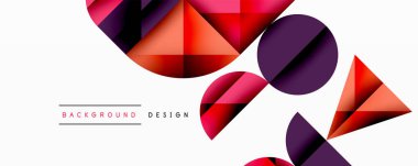 Katmanlı gradyan şekilli soyut geometrik arkaplan dinamik desenler oluşturuyor. Üst üste binen yarı daireler ve üçgenler derinlik ve karşıtlık yaratır