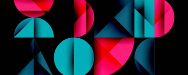 Katmanlı gradyan şekilli soyut geometrik arkaplan dinamik desenler oluşturuyor. Üst üste binen yarı daireler ve üçgenler derinlik ve karşıtlık yaratır