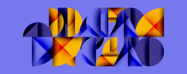 Katmanlı gradyan şekilli soyut geometrik arkaplan dinamik desenler oluşturuyor. Üst üste binen yarı daireler ve üçgenler derinlik ve karşıtlık yaratır