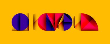 Katmanlı gradyan şekilli soyut geometrik arkaplan dinamik desenler oluşturuyor. Üst üste binen yarı daireler ve üçgenler derinlik ve karşıtlık yaratır