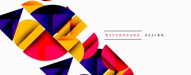 Katmanlı gradyan şekilli soyut geometrik arkaplan dinamik desenler oluşturuyor. Üst üste binen yarı daireler ve üçgenler derinlik ve karşıtlık yaratır