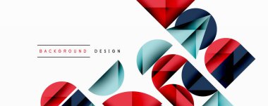 Katmanlı gradyan şekilli soyut geometrik arkaplan dinamik desenler oluşturuyor. Üst üste binen yarı daireler ve üçgenler derinlik ve karşıtlık yaratır