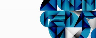 Kesişen daireler, üçgenler, kareler ve keskin açılarla soyut geometrik tasarım gradyan, derinlik ve kontrast içeren katmanlı bir bileşim yaratır.