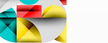 Üst üste binen daireler ve gradyanlarla soyut geometrik çizimler, daire kare üçgen şekilleri arka plan şekilleri keskin açısal kesikler, pürüzsüz gölgeleme ve yapılandırılmış katman bileşimi