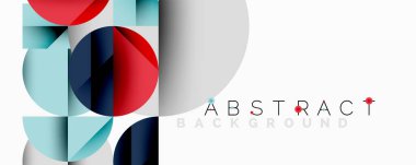 Üst üste binen daireler ve gradyanlarla soyut geometrik çizimler, daire kare üçgen şekilleri arka plan şekilleri keskin açısal kesikler, pürüzsüz gölgeleme ve yapılandırılmış katman bileşimi