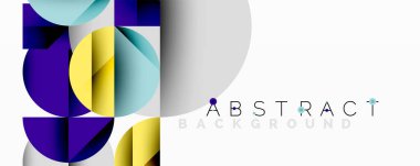 Kesişen daireler, üçgenler, kareler ve keskin açılarla soyut geometrik tasarım gradyan, derinlik ve kontrast içeren katmanlı bir bileşim yaratır.