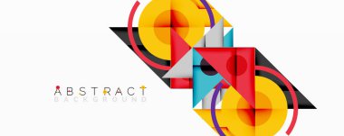 Üst üste binen üçgenler, daireler ve gradyanlarla soyut geometrik bileşim, merkezi dairesel dizayn ve metin