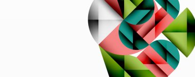 Kesişen daireler, üçgenler, kareler ve keskin açılarla soyut geometrik tasarım gradyan, derinlik ve kontrast içeren katmanlı bir bileşim yaratır.