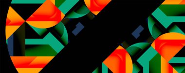 Daireler, yarı daireler, kareler ve yuvarlak üçgenler. Duvar kağıdı, afiş, arkaplan, kart, kitap illüstrasyonu, iniş sayfası için geometrik mozaik mozaik desen soyut arkaplan