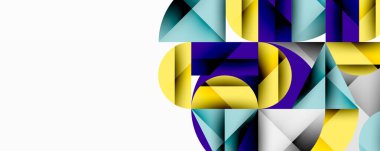 Kesişen daireler, üçgenler, kareler ve keskin açılarla soyut geometrik tasarım gradyan, derinlik ve kontrast içeren katmanlı bir bileşim yaratır.