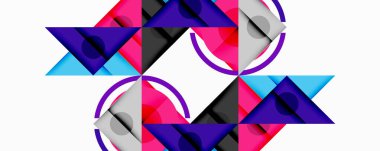 Üst üste binen üçgenler, daireler ve gradyanlarla soyut geometrik bileşim, merkezi dairesel dizayn ve metin