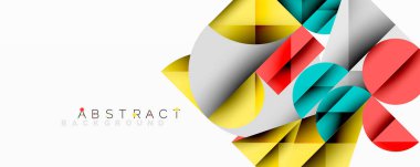 Üst üste binen daireler ve gradyanlarla soyut geometrik çizimler, daire kare üçgen şekilleri arka plan şekilleri keskin açısal kesikler, pürüzsüz gölgeleme ve yapılandırılmış katman bileşimi