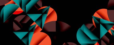 Katmanlı gradyan şekilli soyut geometrik arkaplan dinamik desenler oluşturuyor. Üst üste binen yarı daireler ve üçgenler derinlik ve karşıtlık yaratır