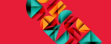 Katmanlı gradyan şekilli soyut geometrik arkaplan dinamik desenler oluşturuyor. Üst üste binen yarı daireler ve üçgenler derinlik ve karşıtlık yaratır