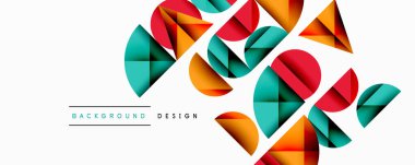 Katmanlı gradyan şekilli soyut geometrik arkaplan dinamik desenler oluşturuyor. Üst üste binen yarı daireler ve üçgenler derinlik ve karşıtlık yaratır