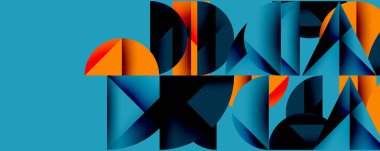 Katmanlı gradyan şekilli soyut geometrik arkaplan dinamik desenler oluşturuyor. Üst üste binen yarı daireler ve üçgenler derinlik ve karşıtlık yaratır