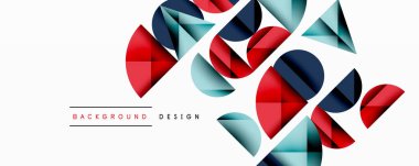 Katmanlı gradyan şekilli soyut geometrik arkaplan dinamik desenler oluşturuyor. Üst üste binen yarı daireler ve üçgenler derinlik ve karşıtlık yaratır