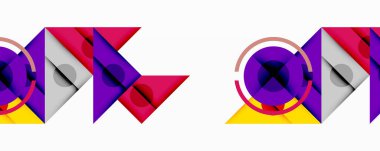 Üst üste binen üçgenler, daireler ve gradyanlarla soyut geometrik bileşim, merkezi dairesel dizayn ve metin