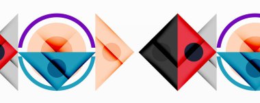 Kesişen üçgenler, daireler ve gradyanlarla soyut geometrik bileşim, derinlik ve kontrastla dinamik bir katman oluşturur.