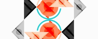 Üst üste binen üçgenler, daireler ve gradyanlarla soyut geometrik bileşim, merkezi dairesel dizayn ve metin