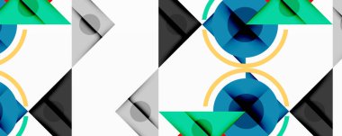 Üst üste binen üçgenler, daireler ve gradyanlarla soyut geometrik bileşim, merkezi dairesel dizayn ve metin