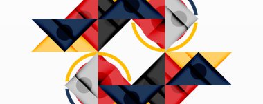 Kesişen üçgenler, daireler ve gradyanlarla soyut geometrik bileşim, derinlik ve kontrastla dinamik bir katman oluşturur.