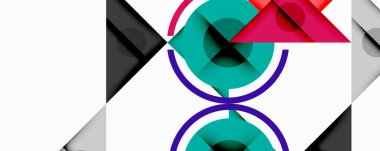 Kesişen üçgenler, daireler ve gradyanlarla soyut geometrik bileşim, derinlik ve kontrastla dinamik bir katman oluşturur.